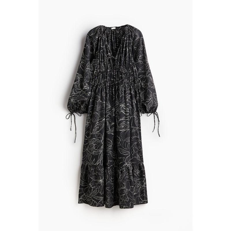 

HM Women s Clothing Dress Fall V-neck Loose French Casual Drawstring Design Plant Print Long Skirt 1225331 Black/Florals 155/80(XS)