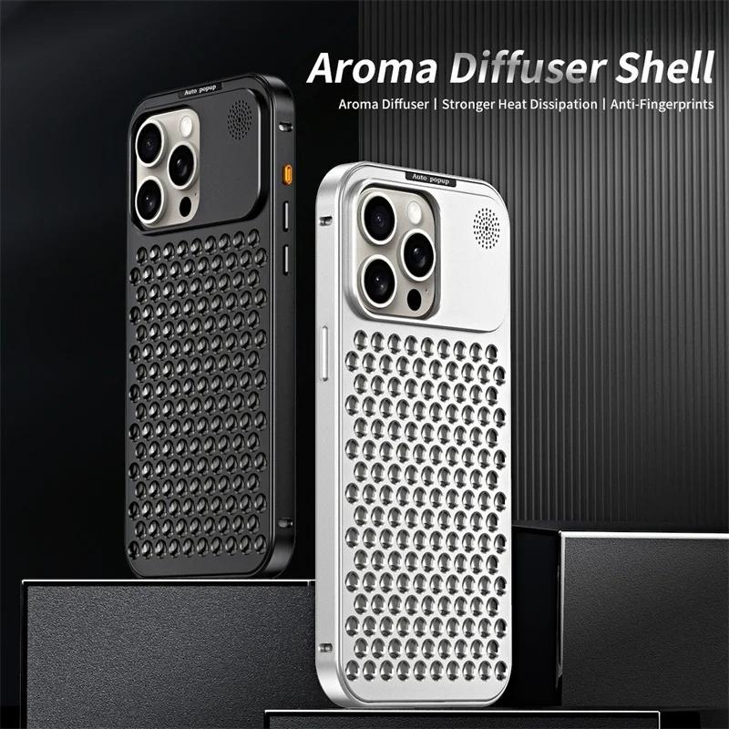 Luxury Aluminum Alloy Heat Dissipation Metal Case For iPhone 17 16 15 14 13 Pro Max Breathable Mesh Fragrance Aromatherapy Cover