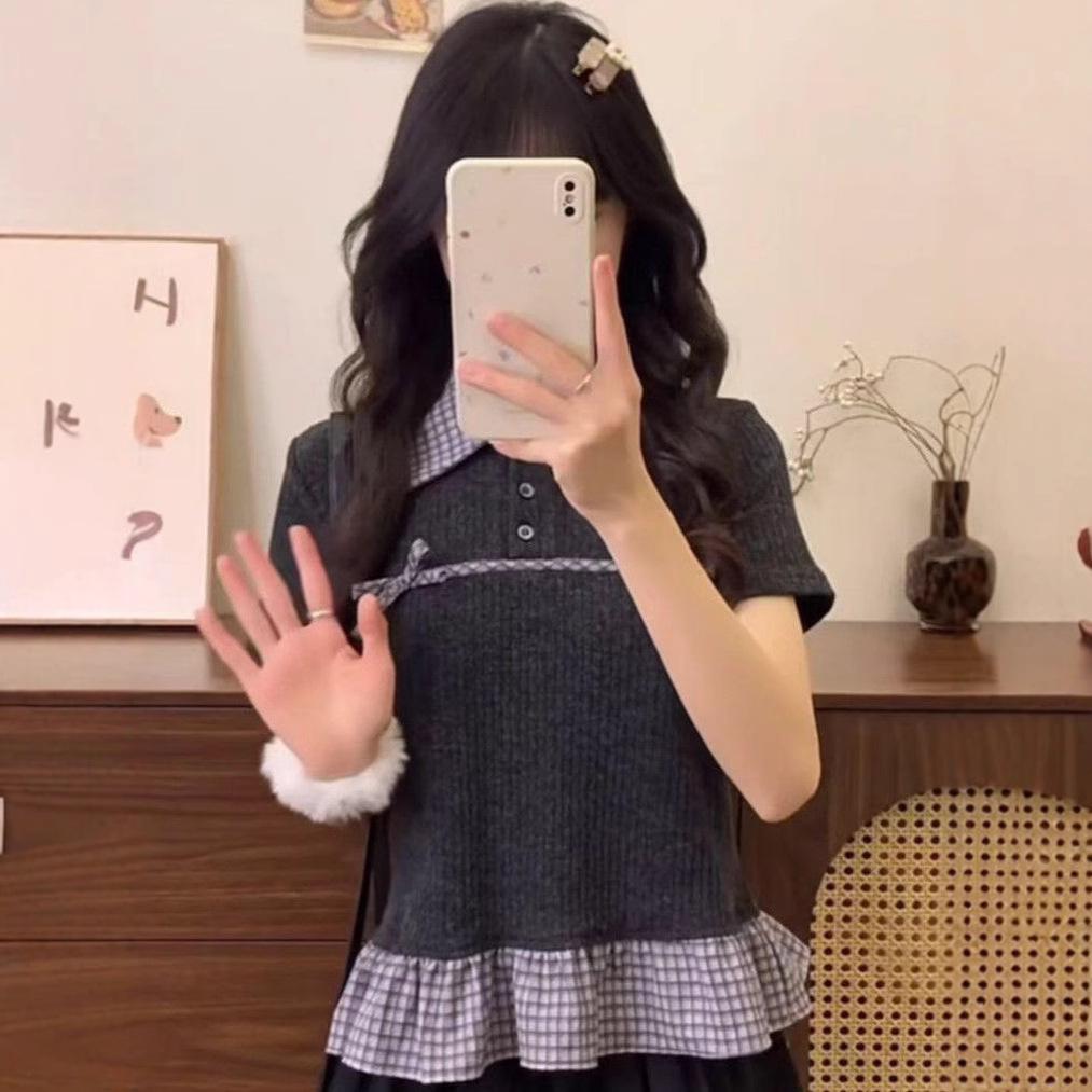 

Women s Summer Gray Plaid Two-Piece Look T-Shirt with Bowknot and Polo Collar Medium темно-сірий