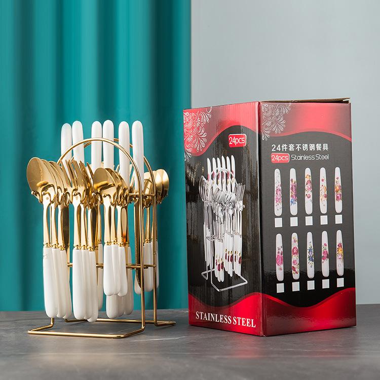 Goods Ceramic Handle 24 Main Piece Knife Fork Spoon Stainless Steel Western Tableware 24 Piece Gift Box Set
