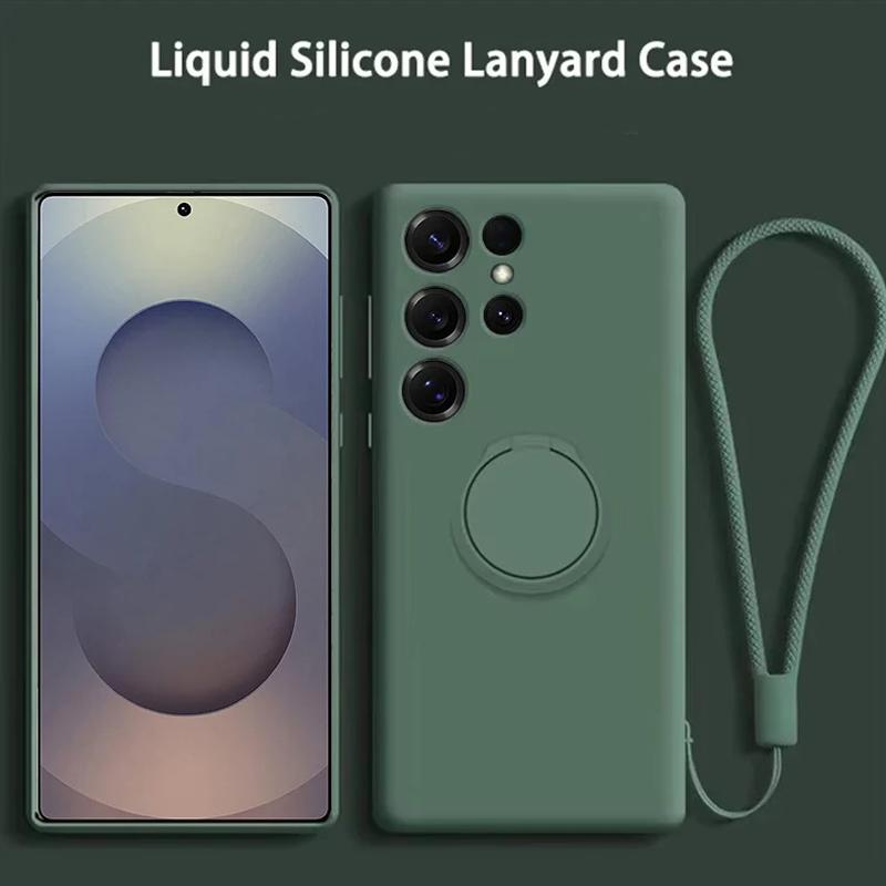 Liquid Silicone Ring Phone Holder Case For Samsung Galaxy S25 Ultra S24 S23 S22 S21 FE Note 20 Plus Edge Cover With Wrist Strap