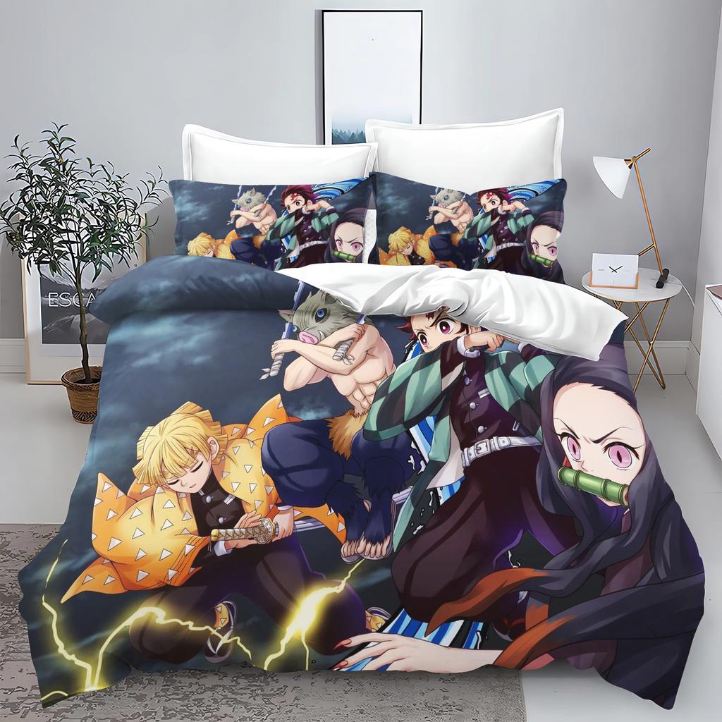 Demon slakter: Kimetsu no Yaiba kamado Nezuko Anime 100% Polyester Sengetøy Sett Dynetrekk Sett Trykt Tegneserie Hjemmeinnredning