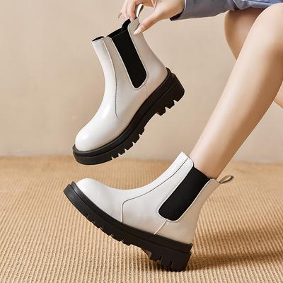 Botas de Tornozelo para Mulheres Novo Outono Primavera Solado Grosso Botas Femininas Brancas Pretas Casual Couro PU Slip on Chelsea Curto Botas