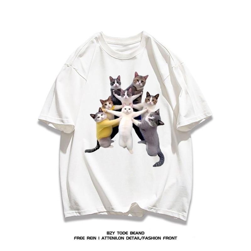 Korean Style Cat Print Cotton T-shirt - Trendy Loose Fit, Unisex Summer Casual