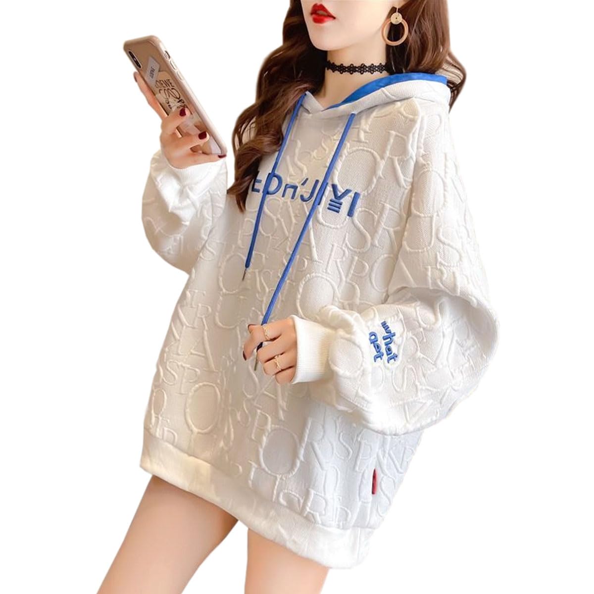 

Long Loose Embossed Body Winter Free White [Futier Star] Women s Hoodie, Outerwear, Top, Sleeve, Pullover, Sweatshirt, Hood, Embroidery, Fit,