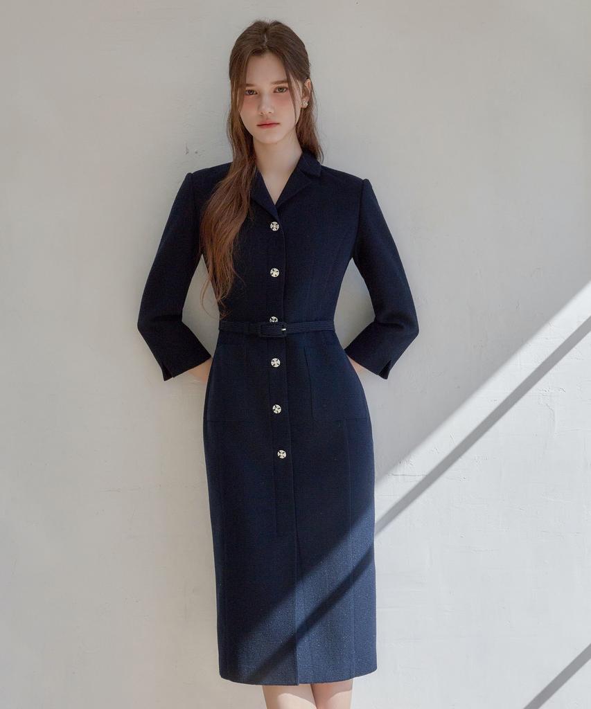 Julie And Kara 26Ss Calla134 Shebigins Serena Tweed Dress Navy