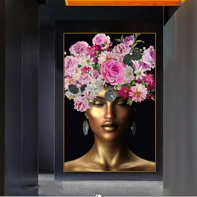 Golden African Woman Canvas Art Posters and Prints Makeup Flowers Head Black Woman Paintings On the Wall Art Pictures Home Decor