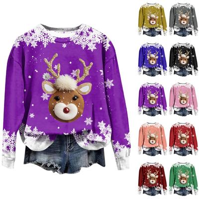 Moda feminina Natal estampado manga comprida solto gola redonda moletom top
