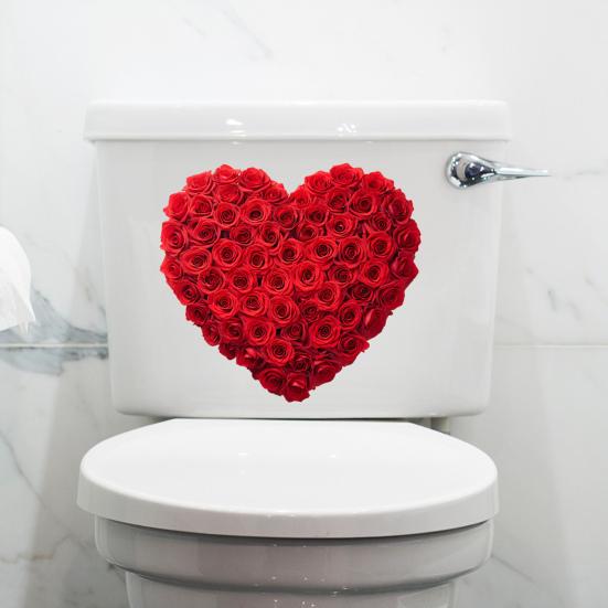 Valentine's Day Toilet Sticker Rose Flower Heart Shaped Toilet Lid Tank Decals Self-Adhesive Waterproof PVC Bathroom Wall Sticker