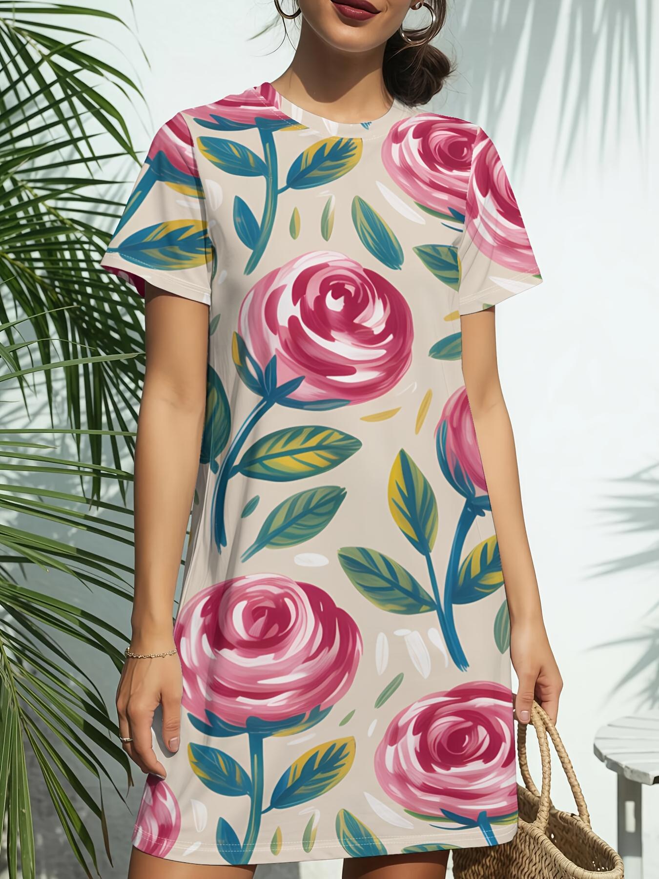 

Pink Rose Watercolor New Arrival Women S Round Neck Short Sleeve T-Shirt Dress. American Trendy Digital Print. Casual Versatile Style for Spring And S 5XL дубильная кора