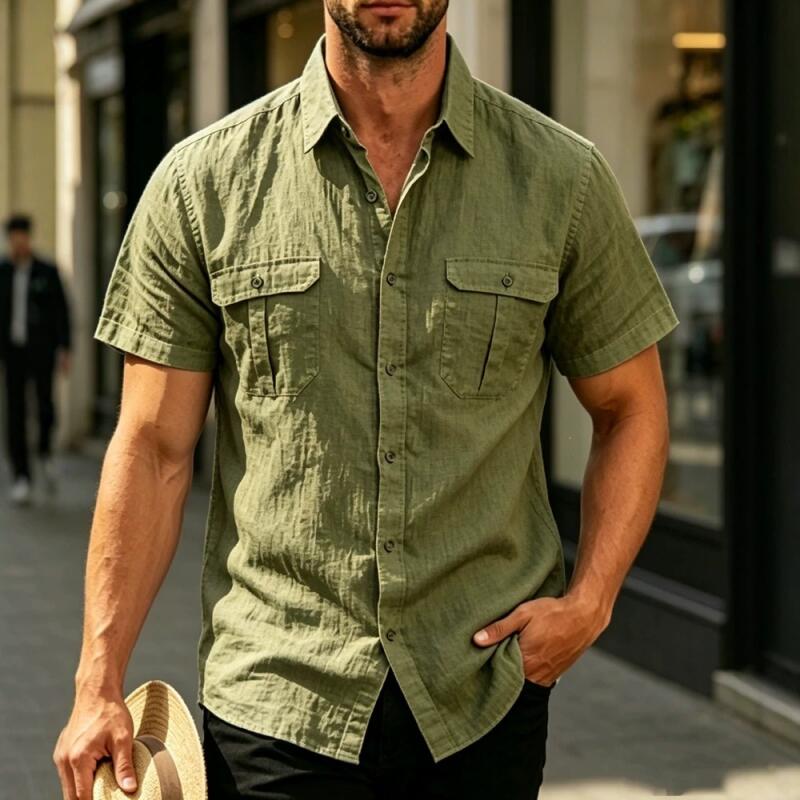 

Men Casual Breathable Linen Button Down Short Sleeve Shirts Lapel Collar Dual Chest Pocket Loose Fit Commute Beach Vacation Business Fashion Male Tops XL армия зеленый