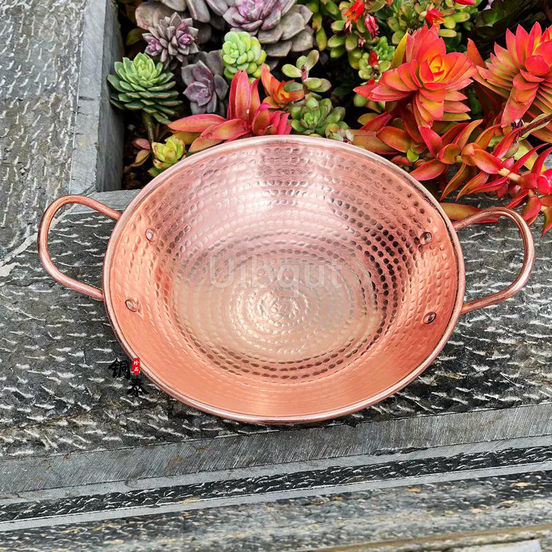 Hand Forged Pure Copper round Wok Pan with Dual Handles Thickened Stir Fry Hot Pot Cookware for Beef Stew Copper Pan cookware