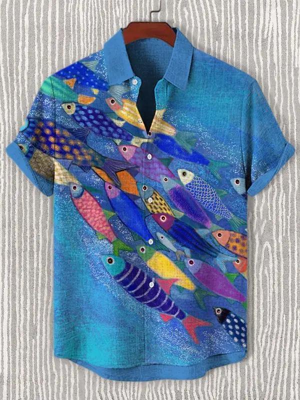 Summer Men's Casual Sea Life Graphic Short Sleeved Shirt Button Down Lapel Shirts Oversized Tops Casual Hawaiian Shirt for Men