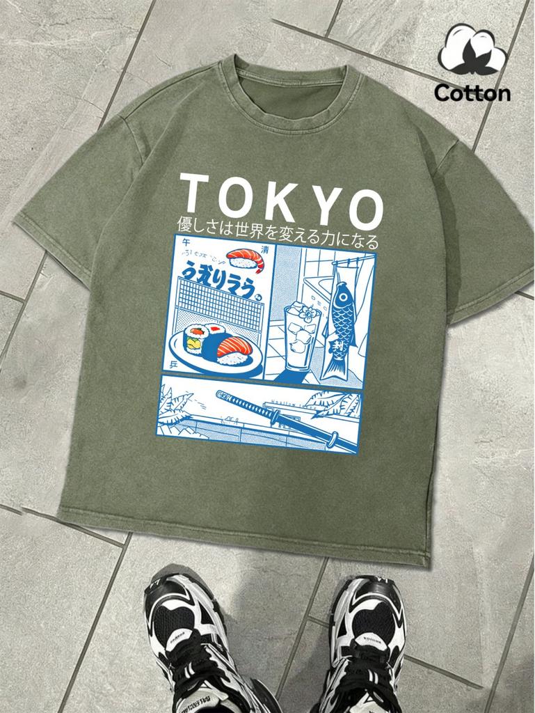 Fresh Sushi In Tokyo Printing Washed TShirt MenS Cotton Oversize T Shirts Basic ONeck Distressed Tops Summer Male Clothes