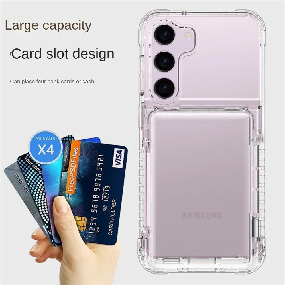 Transparent Flip Phone Case For Samsung Galaxy S24 Ultra S23 Plus + Crystal Clear Card Slot Holder Bracket Shockproof  Cover