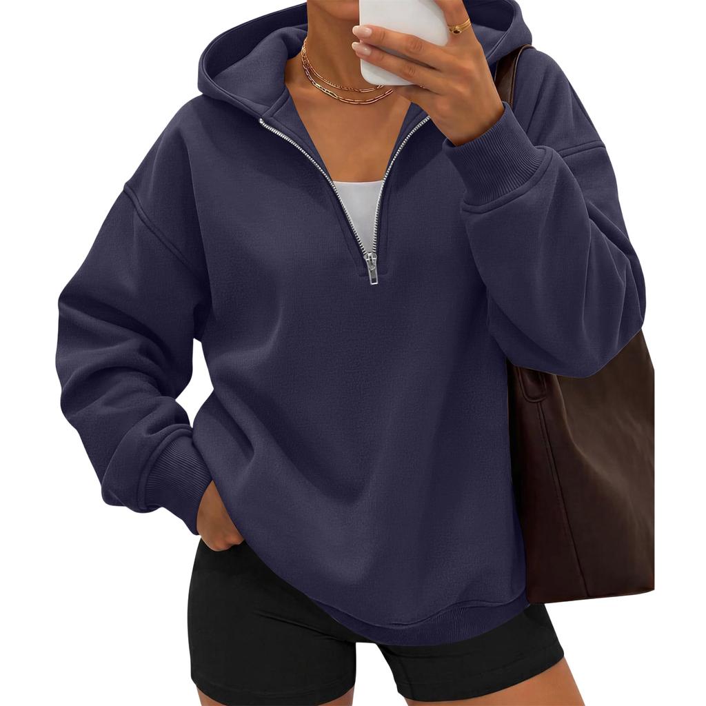 Women's casual fashionable long-sleeved hooded pullover with half-zip on the chest