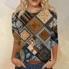 Women's Fashion Casual Round Neck Three-quarter Sleeve Retro Floral Print T-shirt Top