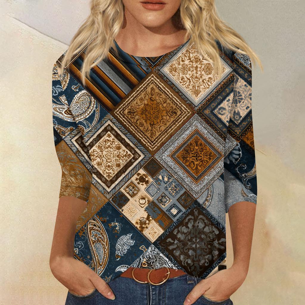 Women's Fashion Casual Round Neck Three-quarter Sleeve Retro Floral Print T-shirt Top