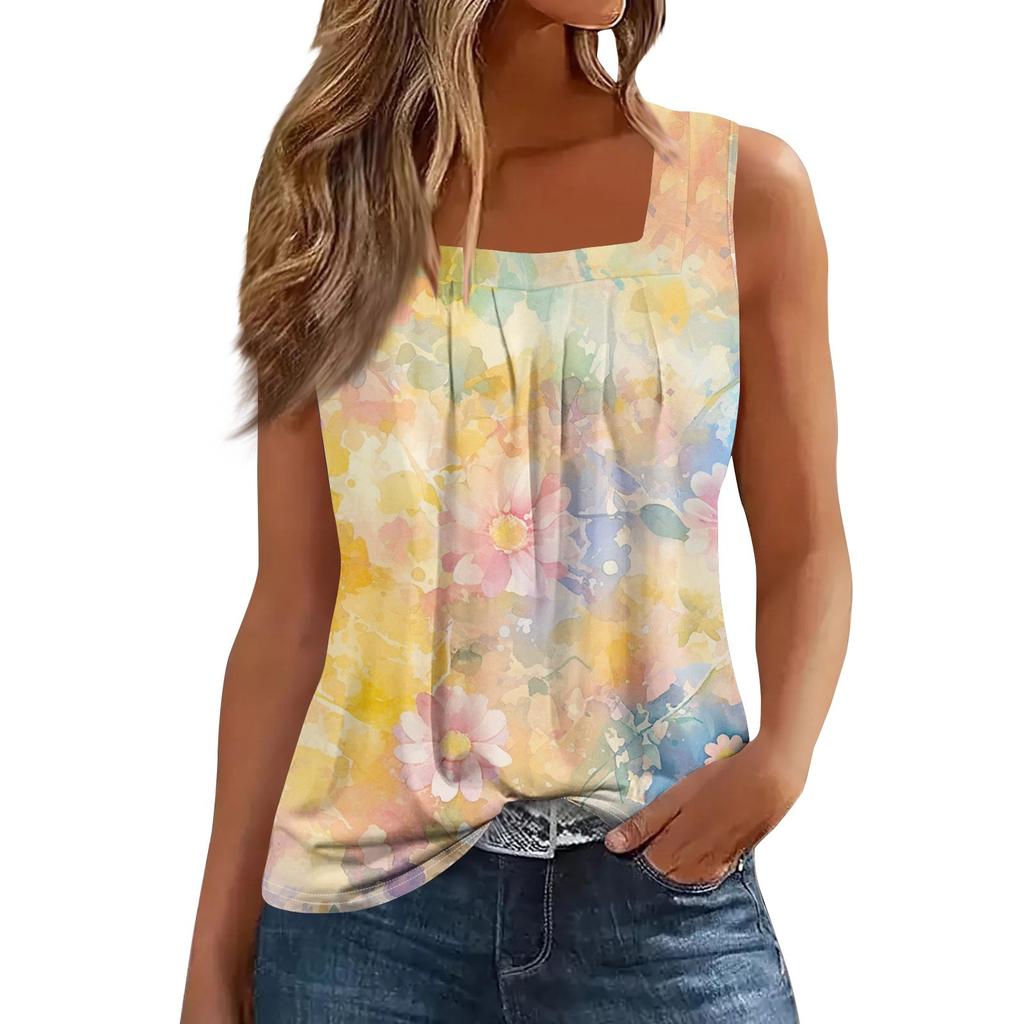 Dam Mode Casual Plisserad Fyrkantig Krage Ärmlös Väst Tryck Sommar T-shirt