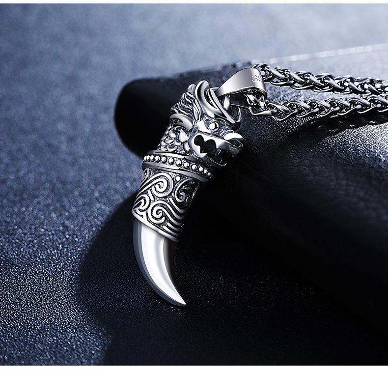 S925 Sterling Silver Personalized Wolf Tooth Pendant Necklace - Unisex Retro Design