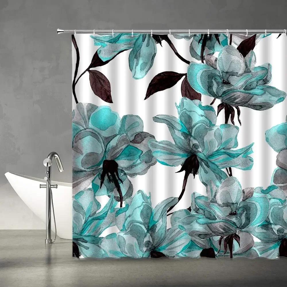 Purple Flowers Shower Curtain Abstract Chrysanthemum Gray Background Autumn Plant Fabric Bathroom Decor Curtains Sets with Hooks
