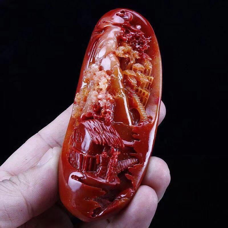 Chinese Antique Huanglong Jade Carved Landscape Waist Tag Pendant