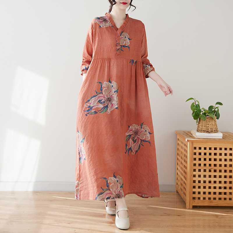 

Справжня весна та літо Нове ретро Бавовна та льон Принт Вільна повсякденна Сукня з грибним мереживом на комірі з довгим рукавом великого крою 2XL помаранчевий