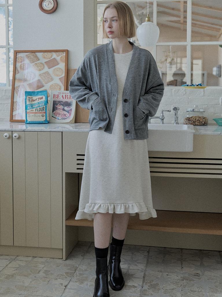 Avang Round Neck Hem Line Frill Dress - Oatmeal