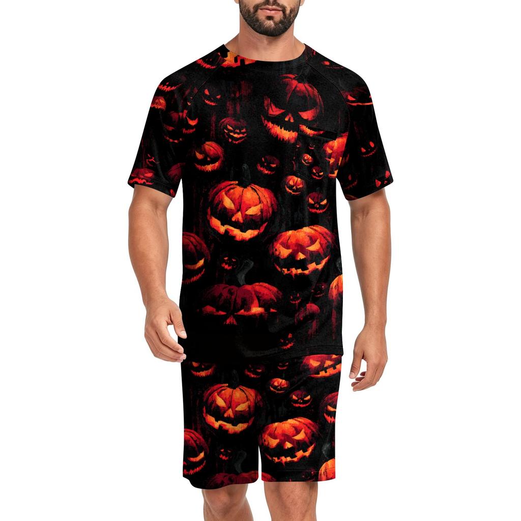 Men's Halloween Casual Pajama Set Short Sleeve Top and Shorts Comfortable Lightweight Sleepwear for Home Relaxation