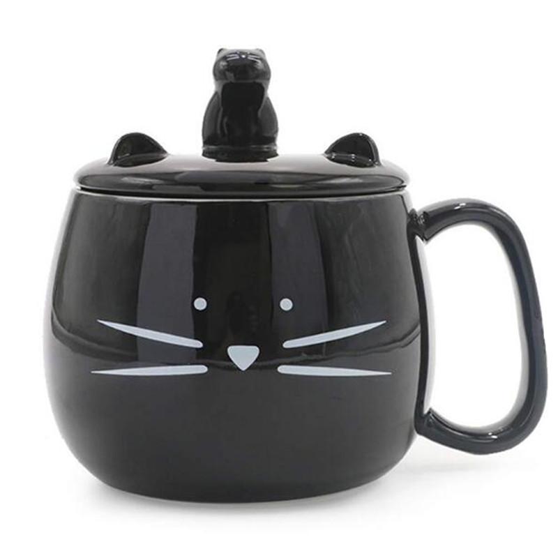 420ml Cut Cat Shaped Mug with Lid Large Capacity 14oz Ceramic Milk Coffee Cup with Mobile Phone Holder Kawaii Black White