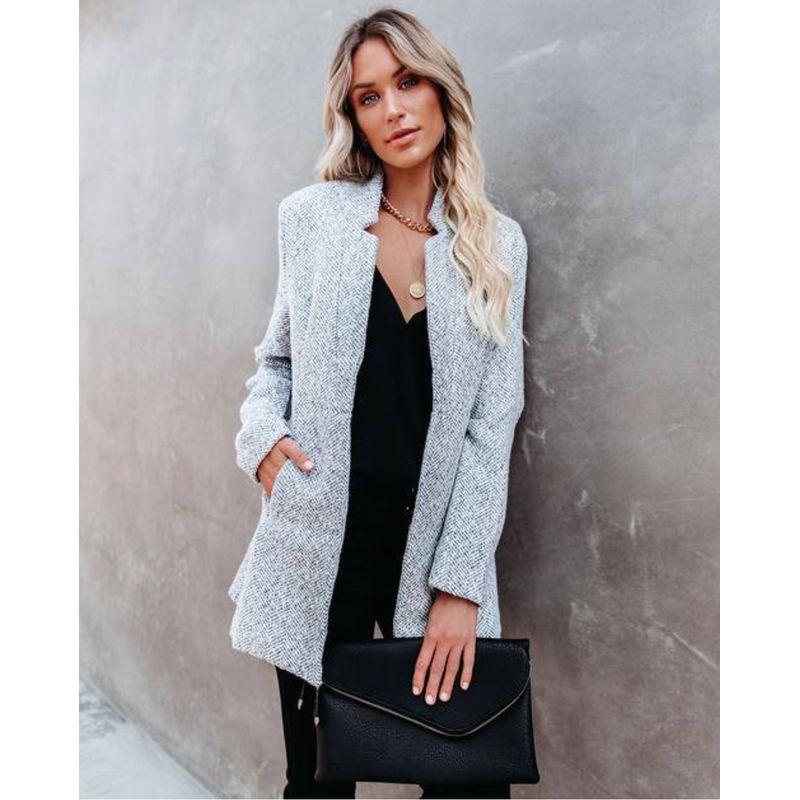 

Women European and American Fashion All-Match Woolen Blazer Grey XL
