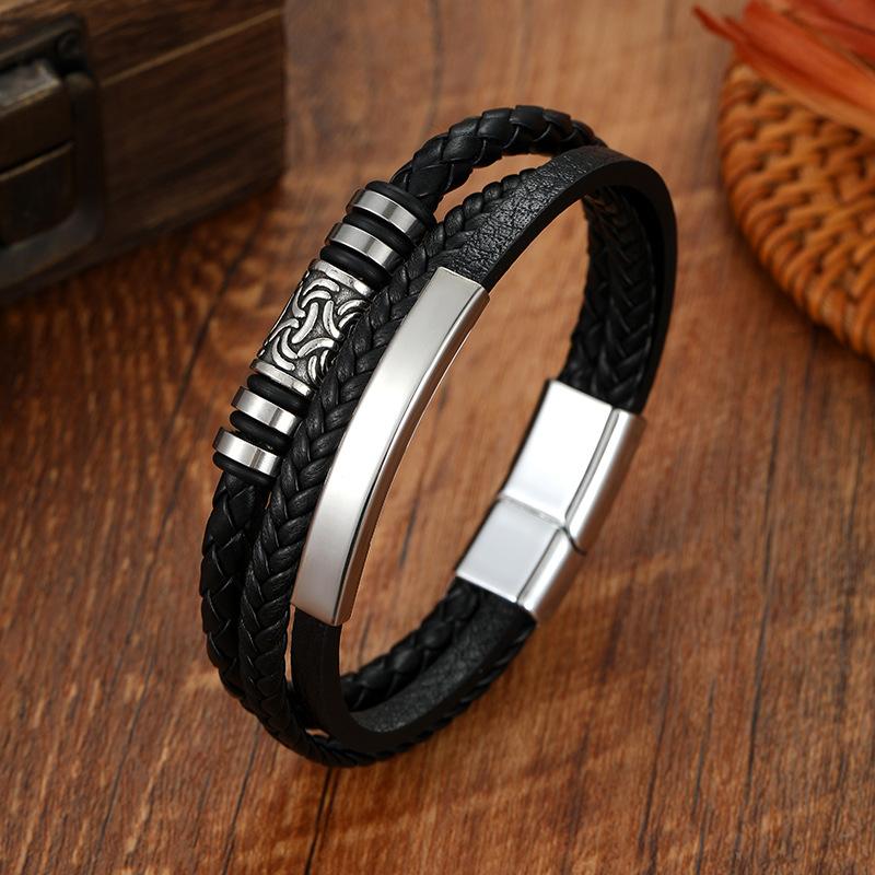 Handmade Geometric Pattern Braided Leather Rope Bracelet For Men Stylish Wristband Accessory