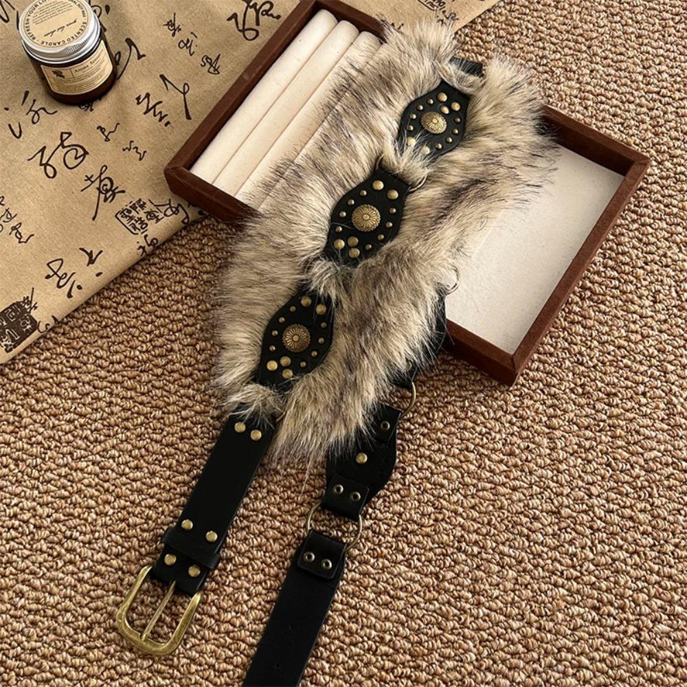 Retro Leather Fur Belt Spicy Girl Style Y2K Plush Waist Belt Fashion Furry Waistband  Daily