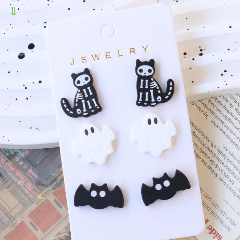 3pcs/Set Halloween Painted Stud Earrings Set - Cute Skull Shaped Earrings, Festive Party Gift