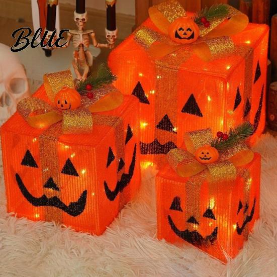 Handmade Pumpkin Face Props 3Pcs Lighted Halloween Gift Boxes Spooky Glowing Outdoor Doorway Landscaping Presents Box Warm Light Holiday Ornament