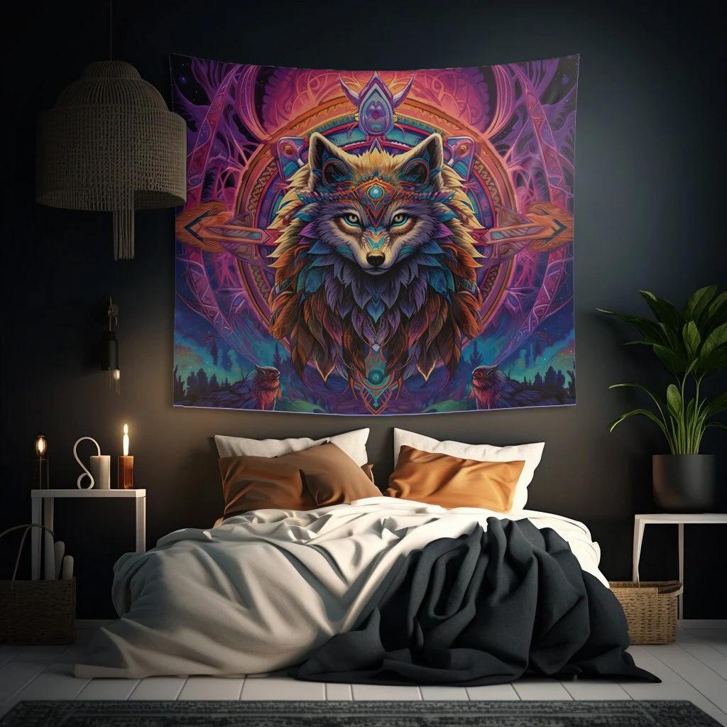 Psychedelic Tribe Wolf Totem Tapestry Bohemian Background Cloth Zen Healing Living Room Decoration Room Decoration