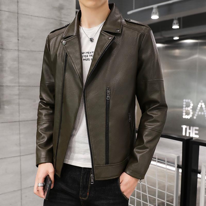 Men's Leather Coat Autumn and Winter Korean Style Trendy Slim and Handsome Green Motorcycle Jacket Lapel Leather Jacket for Men