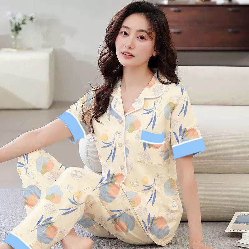 Imitation cotton pajamas women's summer new short-sleeved trousers new sweet cardigan medium and large size loungewear set