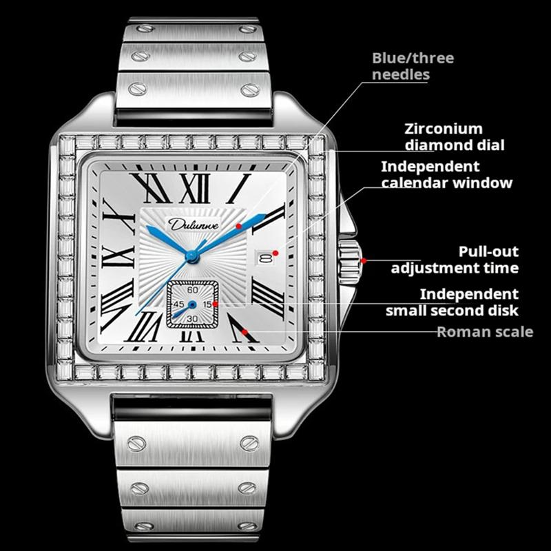 Dulunwe Fashionable Business Luxury Automatic Date Waterproof Square Dial Retro Automatic Mechanical Men's Watch
