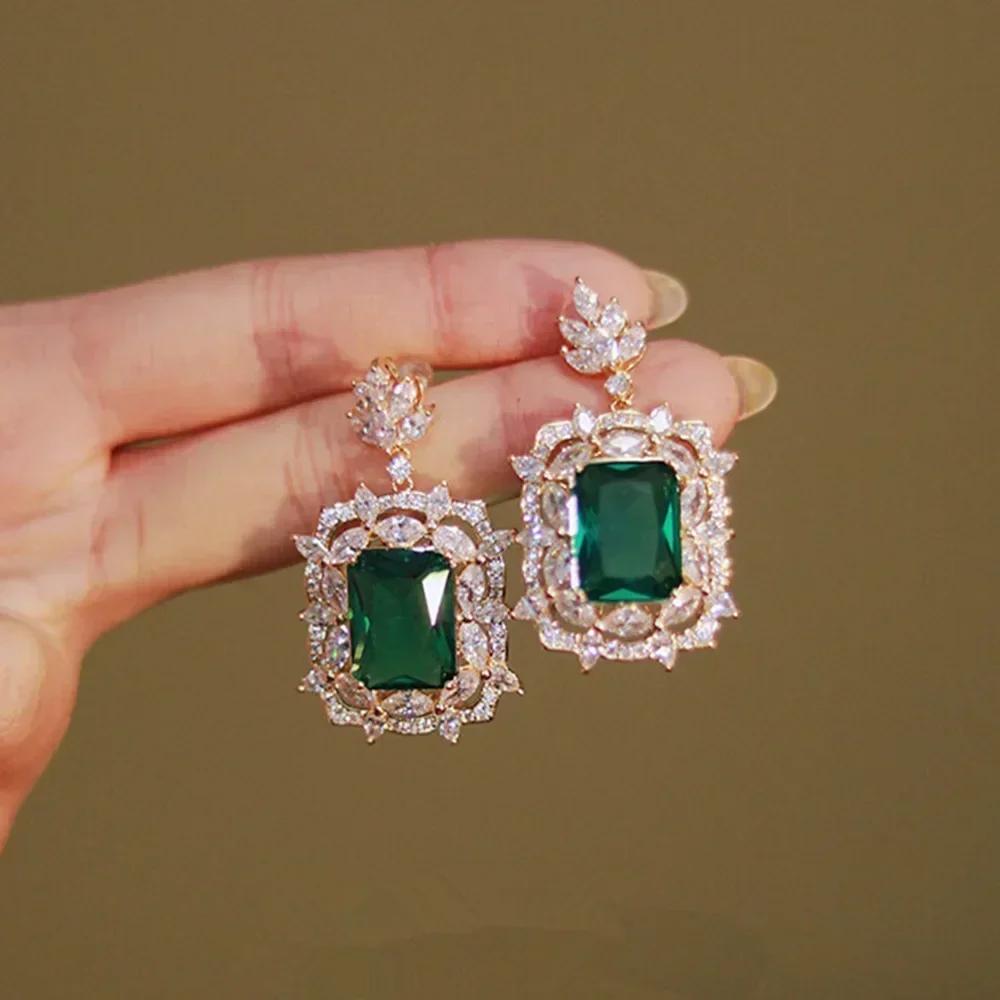 Modische Bankett Elegante Smaragd Zirkonia Ohrringe, Hochwertig Eingelegte Hochzeitsstil Schwingende Zirkon Accessoires