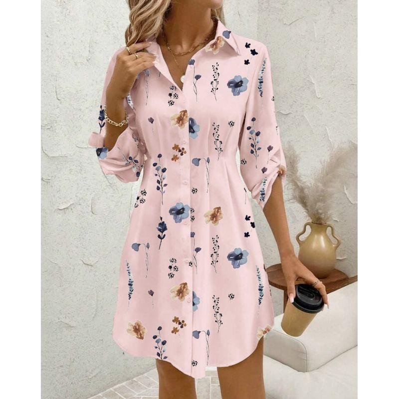 

European and American Fashion Flower Print Lapel Long sleeve dress Short dress Women clothes Pink XXL