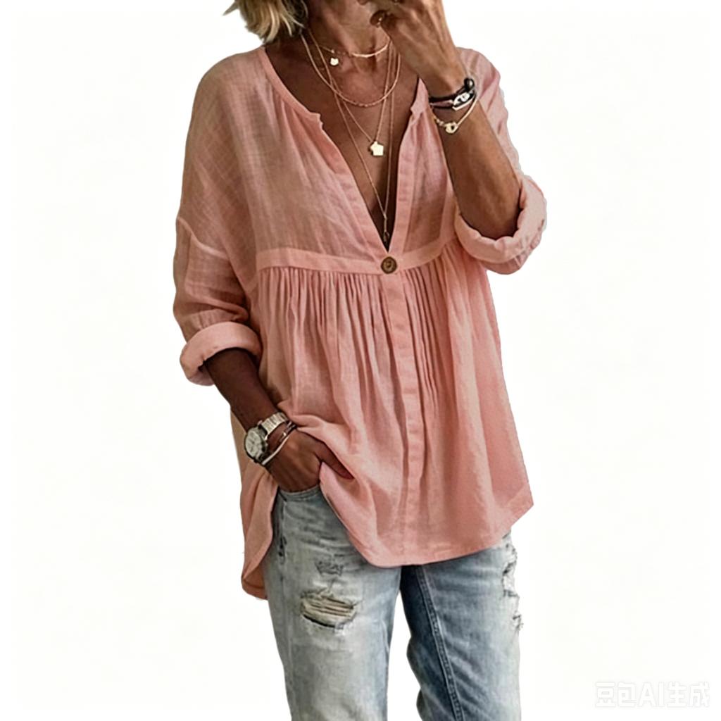 Women Casual Loose Fit Long Sleeve Button Pullover Top Relaxed Fit Blouse Lightweight Comfortable Tunic Shirt for Daily Wear