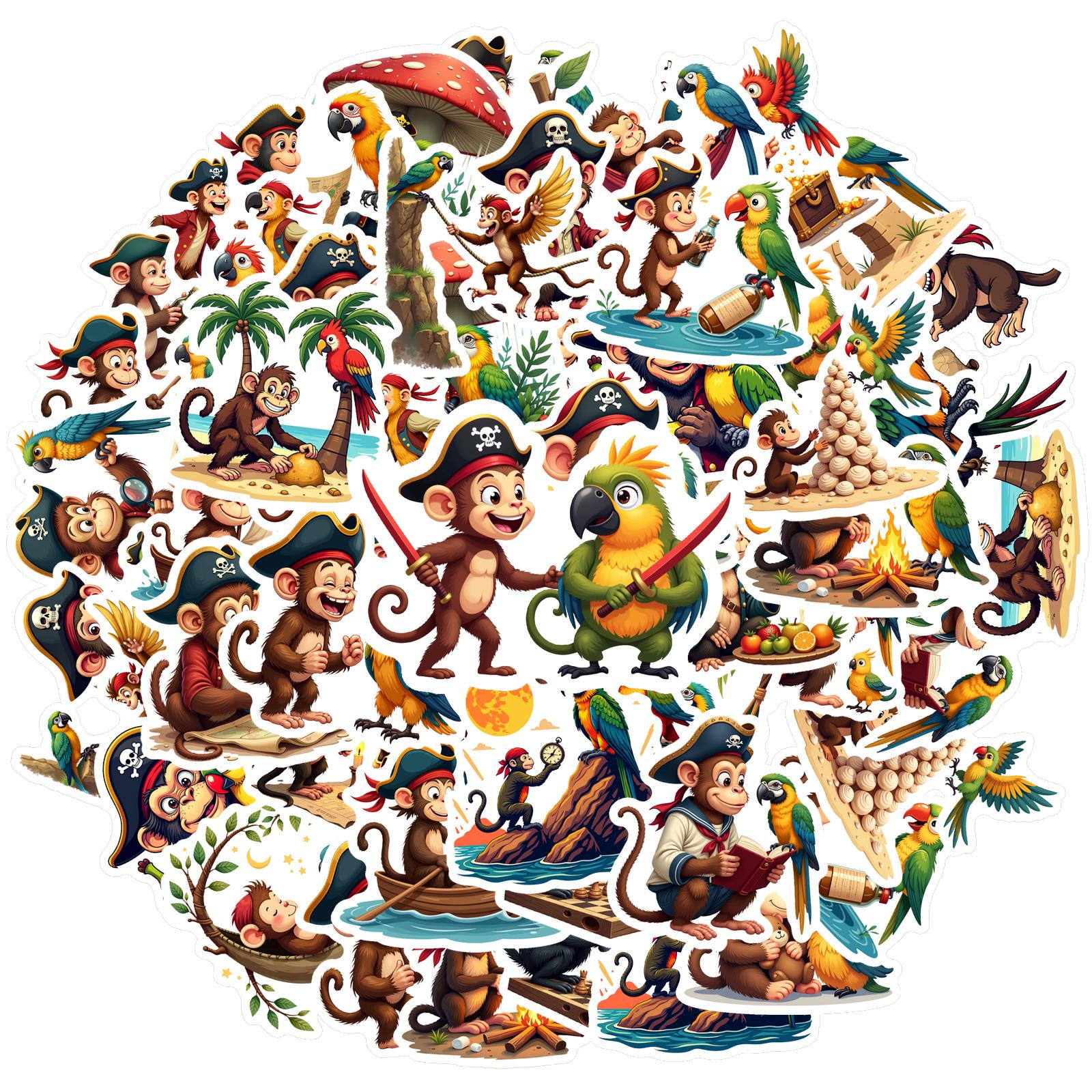 Waterproof Monkey Pirate Adventure Stickers! vinyl decals for laptops, luggage, and more. Fun animal themed stickers.