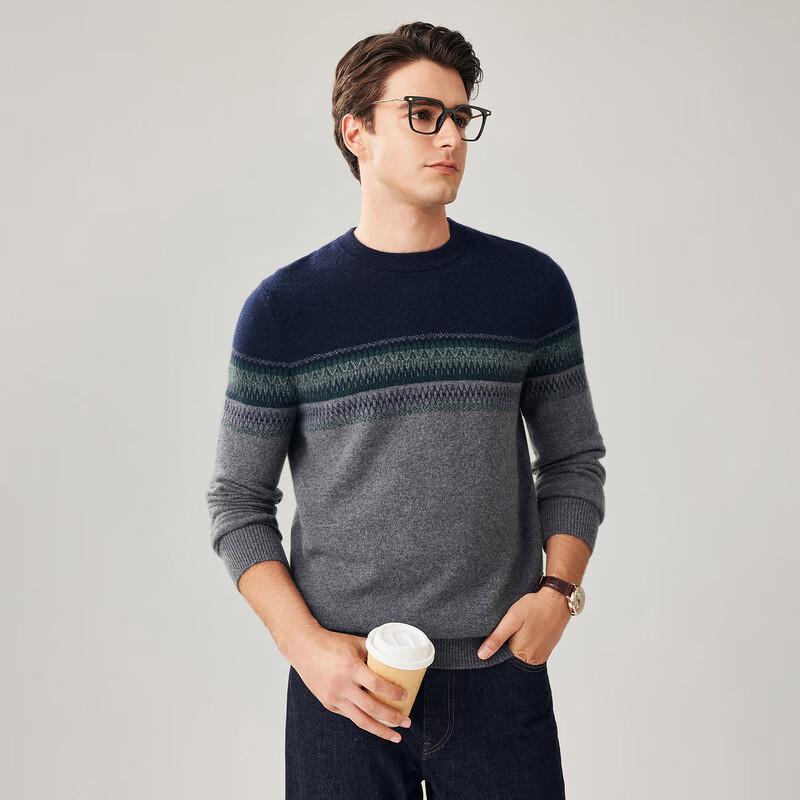 Zhaojun Men's 100% Cashmere Round Neck Jacquard Knit Sweater