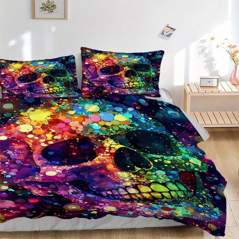 3pcs Colorful Skull Design Bedding Set, Includes One Quilt Cover and Two Pillowcases (No Core), Perfect for Bedroom and Guest Room