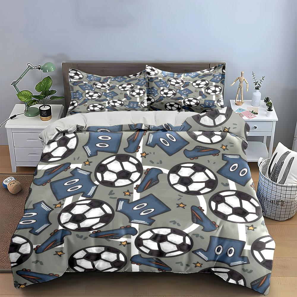 Cartoon Soccer Jersey And Ball Pattern 3Pcs Bedding Set Soft Microfiber Bed Sheet Pillowcase Set For Kids Sports Bedroom