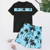 2 bucăți/set ținută casual de vară pentru bărbați, tricou cu imprimeu cu copac de cocos, talie elastică, pantaloni scurți cu picioare late, ținută lejeră pentru plajă