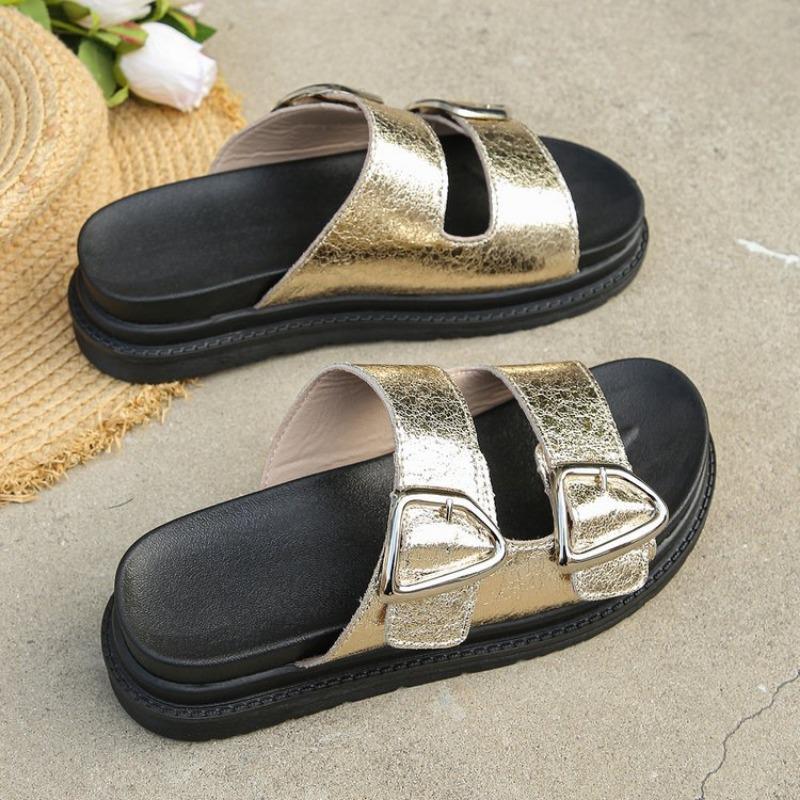 Slippers women's summer wear flat bottom one-word drag retro small sandals beach thick-soled slippers