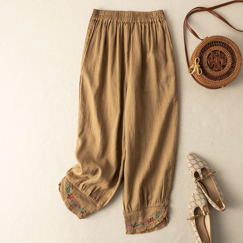 Women's Ethnic Embroidered Lace Trim Cotton Linen Harem Pants - Early Spring Loose Fit, Elastic Waist