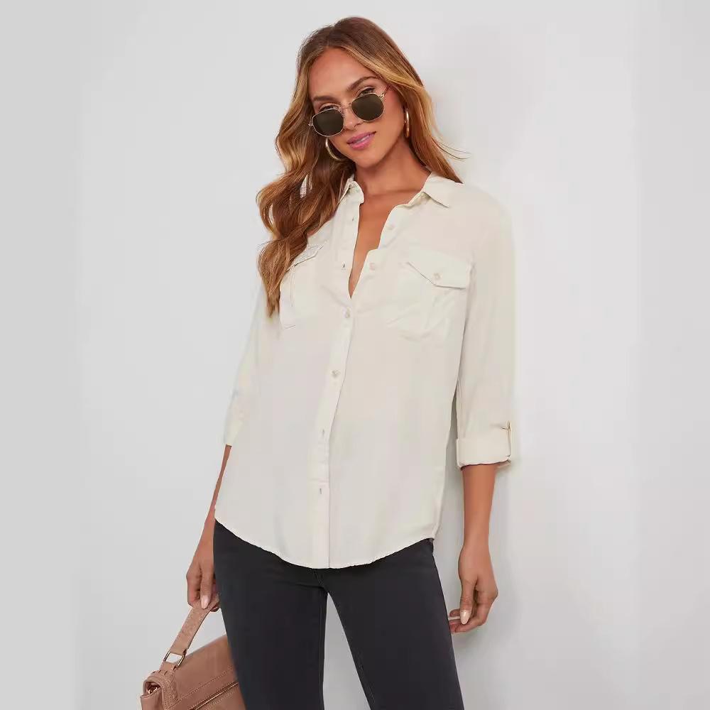 Women's Long-Sleeve Denim Shirt with Turn-Down Collar - Casual, European and American Style (Style 16810)